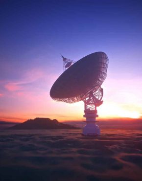Huge satellite antenna dish for communication and signal reception out of the planet Earth. Observatory searching for radio signal in space at sunset. 3D illustration with clipping path included.