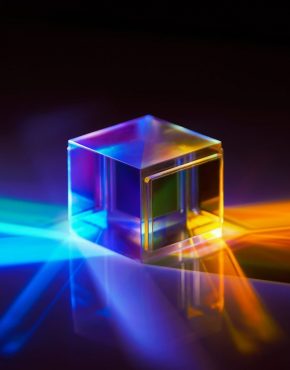 A closeup shot of the light spectrum reflected from a crystal cube
